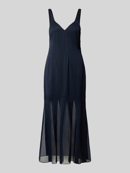Produktfoto, Meerjungfrauen avondjurk uit pure viscose model 'DONABELLI' van BOSS, look: effen, pasvorm: zeemeerminstijl, midilengte, V-hals, transparante inzetten, verborgen ritssluiting, model met brede bandjes, uitlopende zoom, materiaalverwerking: satijn