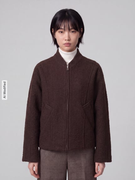 Frauenmodel trägt dunkelbraunen Regular Fit Blouson aus Woll-Mix Modell 'JACQUELINE' von Selected, Damen Bomberjacke, Ganzkörperansicht von vorne, KI-modifiziertes Bild.