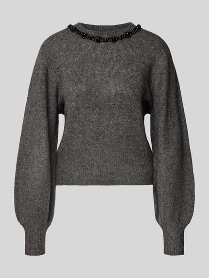 ONLY Regular Fit Strickpullover mit Schmucksteinbesatz Modell 'ELSA' Mittelgrau Melange 2