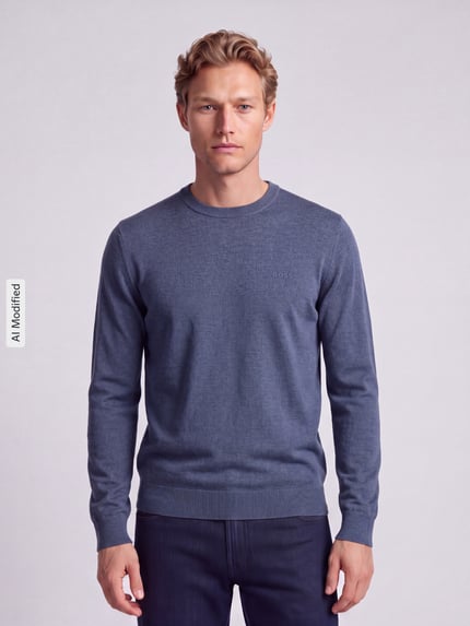 Männermodel trägt Regular Fit Pullover aus reiner Schurwolle Modell 'Kestefo' von BOSS Orange in Blau, dezente Textur, Ganzkörperansicht von vorne, KI-modifiziertes Bild.