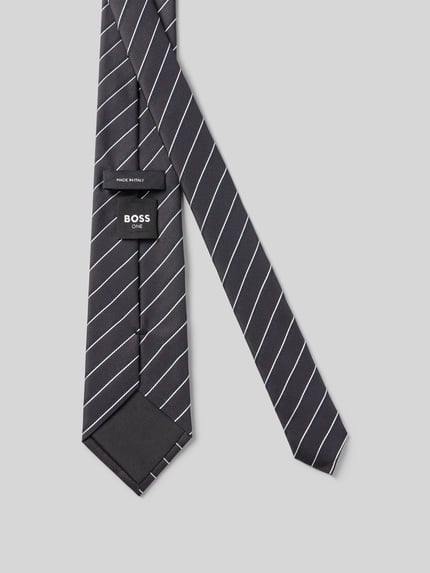Produktfoto, Krawatte aus reiner Seide Modell 'H-Tie 8 CM-ONE' von BOSS, grau mit weißen Streifen auf glatter Oberfläche, Herren Krawatte von BOSS