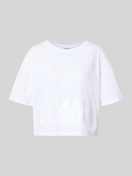 Produktfoto, T-Shirt mit Paillettenbesatz von Armani Exchange, damski t-shirt z bawełny, luźny krój, okrągły dekolt, nadruk z logo z cekinów, długość tyłu w rozmiarze S: 45 cm, kolor biały, jednolita faktura, prosta forma