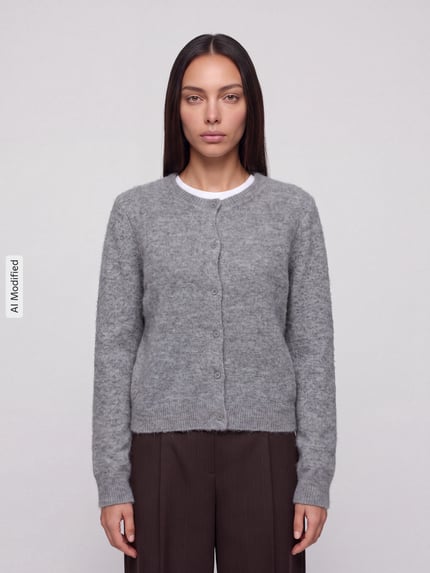 Frauenmodel trägt graue Regular Fit Strickjacke mit Woll-Anteil Modell 'MALOU' von PIECES, schlichte Struktur, Ganzkörperansicht von vorne, KI-modifiziertes Bild.