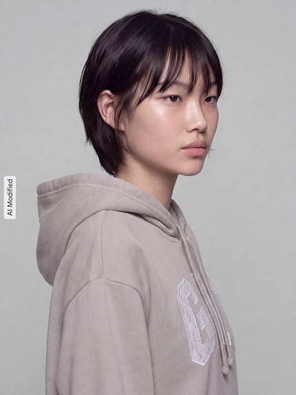 Kobiece modelka nosi bluzę Regular Fit Sweatshirt aus Baumwoll-Mix model 'HERITAGE PO' od GAP, jasnoszary kolor, gładka tekstura, z kapturem, widok z przodu, zbliżenie na górną część ciała, bluza damska, obraz KI-modifiziertes Bild