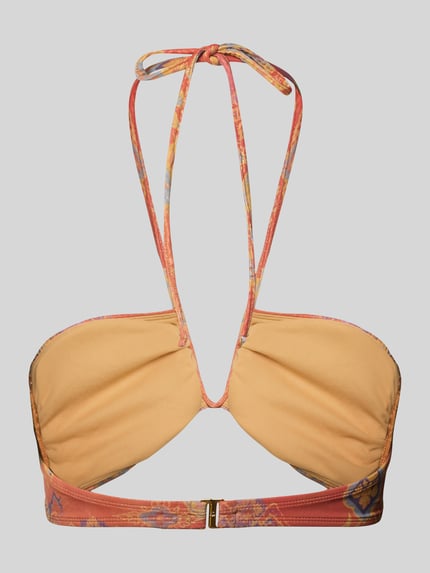 Frauenmodel trägt Bikini-Oberteil mit Neckholder Modell 'MEDALLION SHIMMER SHIRRED' von Lauren Ralph Lauren, Optik:Allover-Muster, gefüttert, Logo-Prägung, Hakenverschluss, Ganzkörperansicht Rückansicht.