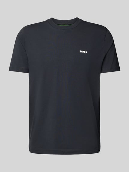 Produktfoto, T-shirt met labelprint van BOSS Green, mix van katoen en elastaan, recht model, effen design, ronde hals, ruglengte maat M 71 cm