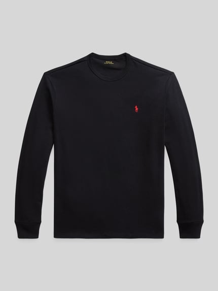 Produktfoto, schwarzes Longsleeve mit Label-Stitching von Polo Ralph Lauren, reine Baumwolle, Regular Fit, gerippte Abschlüsse, Rundhalsausschnitt