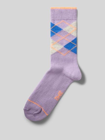 Productfoto, Sokken met wol-aandeel van UNIO HAMBURG in lila met blauw en oranje ruitpatroon, elastische ribboord, contrasterende strepen