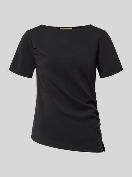 Produktfoto, schwarzes T-Shirt in asymmetrischer Form Modell 'Helle' von My Essential Wardrobe, Material-Mix mit Viskose, Rundhals, leichte Drapierungen