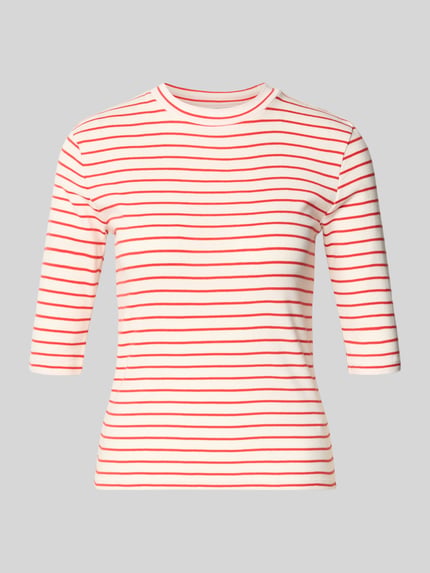 Productfoto, T-Shirt met 3/4-mouw van Lanius in wit met rode strepen, pure katoen, slim fit, ronde hals, lengte 53 cm