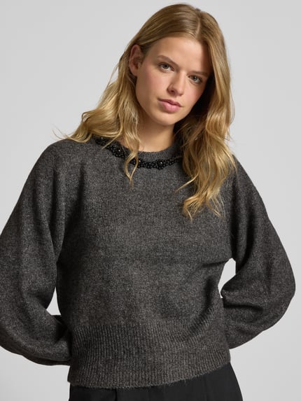 ONLY Regular Fit Strickpullover mit Schmucksteinbesatz Modell 'ELSA' Mittelgrau Melange 3