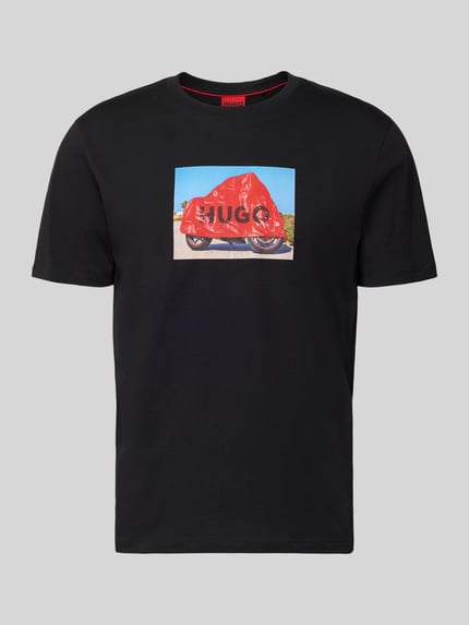 Produktfoto, Relaxed Fit T-Shirt aus reiner Baumwolle Modell 'DOSTINO' von HUGO, krój relaxed fit, efekt: jednolity kolor, nadruk z logo, okrągły dekolt, krótki rękaw, wykończenie materiału: dżersej, materiał: bawełna