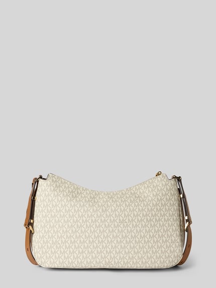 Produktfoto, Handtasche mit Logo-Muster Modell 'NOLITA' von MICHAEL Michael Kors in Beige mit braunem Schulterriemen, glatte Textur, Kontext: Damen Handtasche mit Reißverschluss, Hauptfach, Breite 40 cm, Länge 25 cm, Tiefe 11 cm, Schulterriemen 118 cm