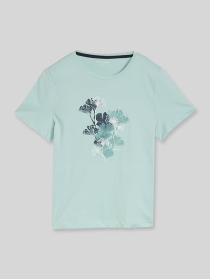 Produktfoto, Regular Fit T-Shirt aus reiner Baumwolle von Tom Tailor, Damen T-Shirt, Optik: Unifarben, Rundhals, Motiv-Print-Stitching, Kurzarm, Jersey, Rumpfabschluss mit Seitenschlitzen