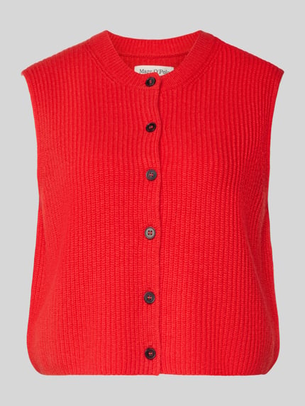 Produktfoto, Regular Fit Strickweste aus Woll-Mix von Marc O'Polo, Optik: Unifarben, Materialverarbeitung: Rippstrick, rote Farbe, einreihige Knopfleiste.