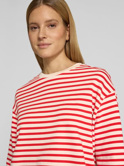 Vrouwenmodel draagt oversized dames sweatshirt van puur katoen, model 'FRANKAA MAARLEN STRIPE' van Armedangels, tweekleurige look, labelopschrift, crew neck, ronde hals, lange mouw, fijnrib materiaalverwerking, Nahaufnahme Oberkörper.