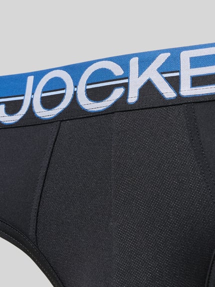 Produktfoto, Slim Fit Slip mit Logo-Stitching im 3er-pack von Jockey aus Elastischer-Material-Mix, schwarzer Stoff, blauer Elastischer-Logo-Bund