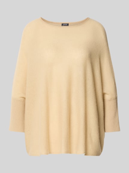 Produktfoto, Strickpullover aus Kaschmir mit 3/4-Arm von JOOP! in Beige, Relaxed-Fit, weiche Textur, Rundhalsausschnitt, Modell Katy, Damen, Rückenlänge 59 cm, Ärmellänge 16 cm bei Größe 36