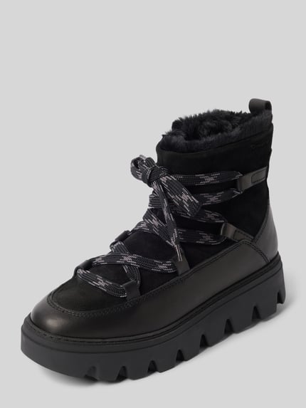 Produktfoto, Boots aus echtem Rindsvelours von Tamaris in Optik: Unifarben mit Wildleder-Optik, rund, Keilabsatz, Label-Prägung, Schnürung, Reißverschluss, profilierte Sohle, Veloursleder, Material: reines Rindsvelours