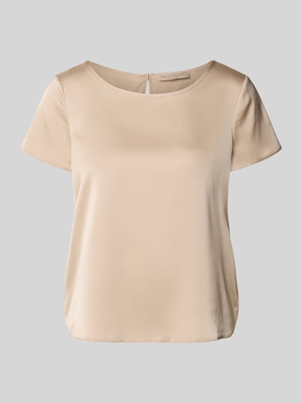 Produktfoto, Blusenshirt mit Rundhalsausschnitt und abgerundetem Saum von Rinascimento, beżowy materiał z domieszką stretchu, krój loose fit, zaokrąglony dół, długość tyłu w rozmiarze S: 52 cm