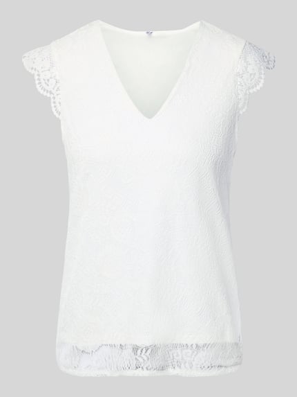 Produktfoto, Slim Fit Blusentop met kant Model 'OLLINE' van Pieces, effen kleuren, bloemenmotief, V-hals, afgeronde rompzoom, kantverwerking