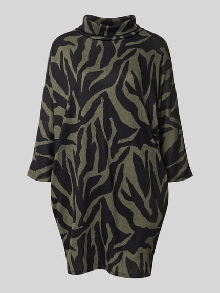 Produktfoto, Minikleid mit seitlichen Eingrifftaschen von Apricot im geraden Schnitt, Olive mit schwarzem Animal-Muster, Material-Mix mit Stretch-Anteil, weiter Rollkragen, 3/4-Arm, strukturierte Oberfläche