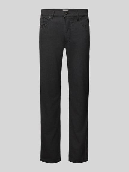 Produktfoto, Stoffhose aus Baumwoll-Mix mit Viskose-Anteil Modell 'Cadiz' von Brax in Melange-Optik, gerade Passform, mittlere Bundhöhe, 5-Pocket-Design, Gürtelschlaufen, Knopf- und Reißverschluss, dezente Labelapplikation, glatte schwarze Webwaretextur