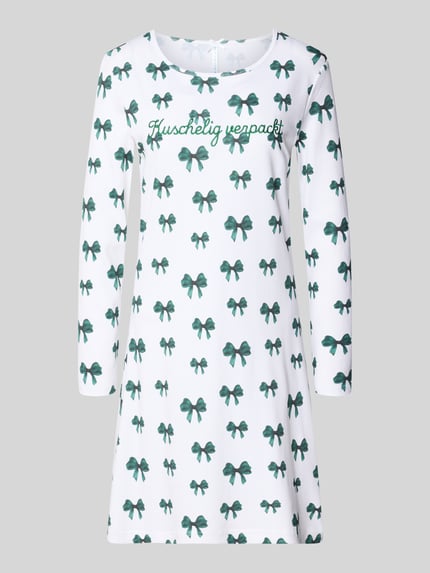 Produktfoto, Relaxed Fit Nachthemd aus reiner Baumwolle van LOUIS & LOUISA, wit met groene strikjes, statement-stitching, ronde hals, langemouwen, puur katoen, relaxed fit