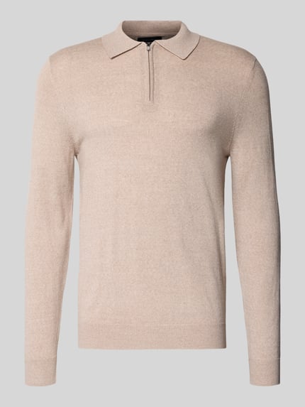 Christian Berg Men Sweter z dzianiny o kroju regular fit z mieszanki wełny z wykładanym kołnierzem Piaskowy melanż 2