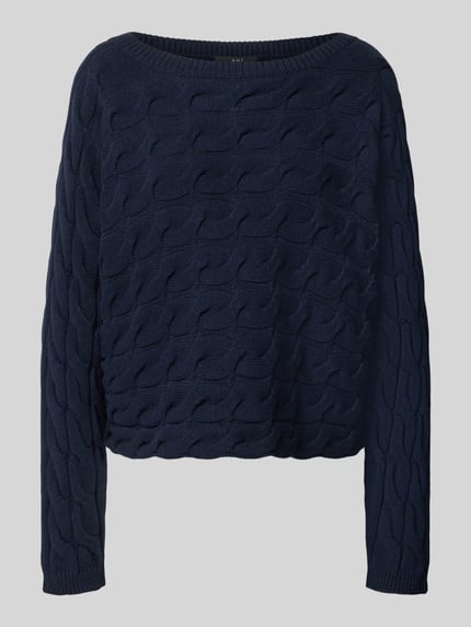 Productfoto, Relaxed Fit Strickpullover aus Baumwoll-Mix mit Zopfmuster van Oui, donkerblauw, U-boothals, katoenmix, dames, geribde boorden, katoenmix, lengte 48 cm, mouwlengte 60 cm