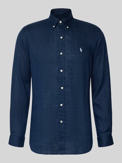 Produktfoto, Regular Fit Freizeithemd aus reinem Leinen von Polo Ralph Lauren in einfarbig Dunkelblau, Knopfleiste, Logo-Detail, Flammgarn-Textur