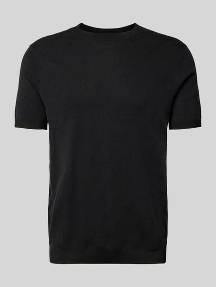 Produktfoto, T-Shirt mit Viskose-Anteil und Rundhalsausschnitt Modell 'Ravao' von JOOP! Collection, mieszanka bawełny i wiskozy, nowoczesny krój regular fit, okrągły prążkowany dekolt, detal z logo, długość tyłu w rozmiarze M: 69 cm, czarny kolor, gładka faktura