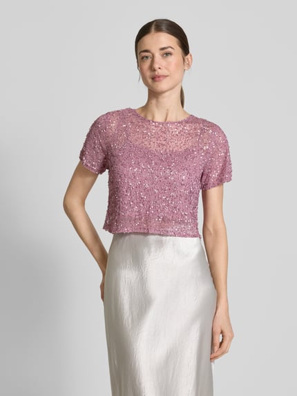 Lace & Beads Cropped T-Shirt mit Strasssteinbesatz Rose 4