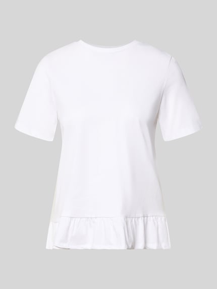 Produktfoto, Regular Fit T-Shirt aus reiner Baumwolle Modell 'DISSO' von Pieces, unifarben weiß mit Rüschenbesatz, Rundhals, kurzarm.
