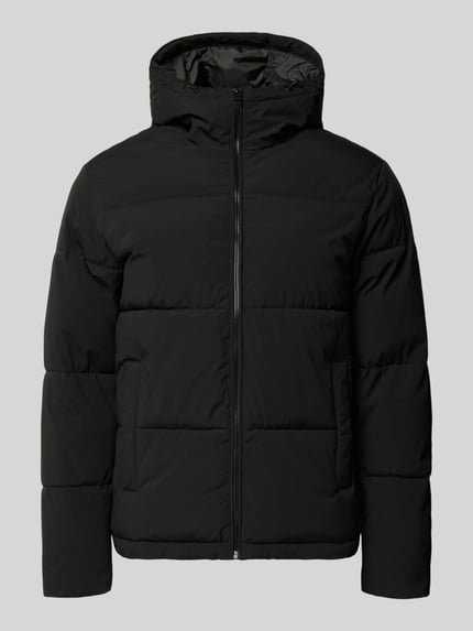 Produktfoto, schwarze Steppjacke mit Kapuze Modell 'GALAXY' von JACK & JONES, sichtbarer Reißverschluss, glatte Textur, Regular Fit