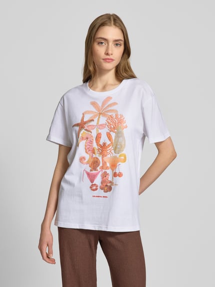 Colourful Rebel Loose fit T-shirt met motiefprint, model 'Beach Items' Wit - 4