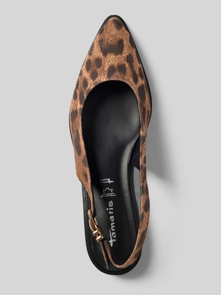 Produktfoto, Slingbacks aus echtem Veloursleder von Tamaris mit Optik: Unifarben, spitzer Schuhspitze, Blockabsatz, Label-Prägung, Slingback mit Dornschließe, leicht strukturierte Sohle, hochwertige Materialverarbeitung aus Velours und Material: echtes Leder, braune und schwarze Farbtöne, samtige Textur, animalisch gemustertes Design.