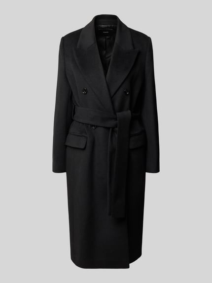 Produktfoto, Mantel mit Reverskragen und Bindegürtel Modell 'EYE' von MANGO in Schwarz, Zweireiher, Materialmix mit Lanawoll-Anteil, glatte Struktur