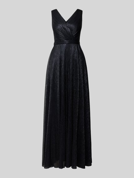 Produktfoto, Schimmerndes Abendkleid mit V-Ausschnitt van TROYDEN COLLECTION in zwart met glanzende textuur, tailored fit, Maxi-jurk, Tailleband, rugritssluiting, ruglengte 160 cm, borstwijdte 45 cm