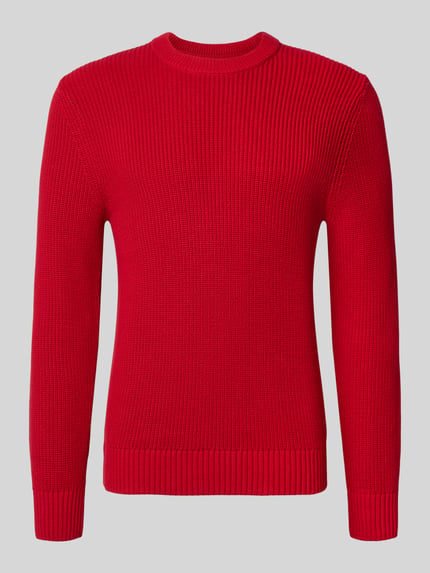 Produktfoto, Regular Fit Strickpullover aus reiner Baumwolle von MCNEAL in kräftigem Rot, Rundhalsausschnitt, elastische Abschlüsse, feine Strickstruktur