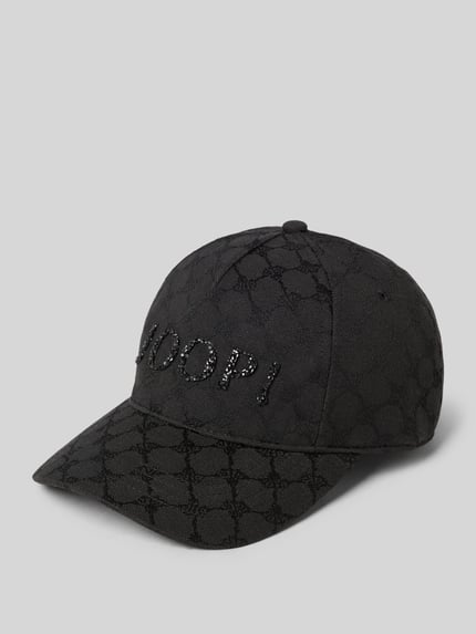 Produktfoto, czapka z daszkiem Basecap mit Label-Detail Modell 'Adriana' od JOOP!, mieszanka bawełny, wzmocniony daszek, otwory wentylacyjne, regulowane zapięcie, czarna, z detalem z logo.