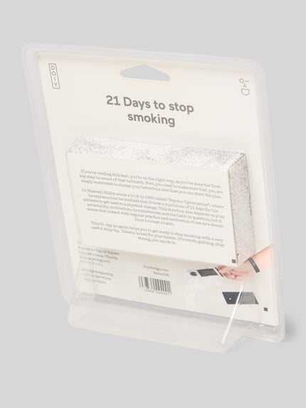 Productfoto, Ticketbox met Motivatiearmband van Doiy, 21-dagen-challenge model '21 Challenge Smoking', witte en grijze tinten, rechthoekige doos, gladde textuur