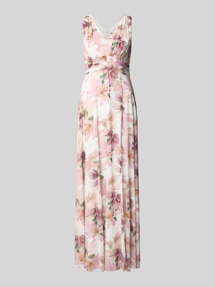 Produktfoto, Maxikleid mit V-Ausschnitt und Gehschlitz von Christian Berg Cocktail im floralen Allover-Look, rosa-weiß, A-Linie, Material-Mix