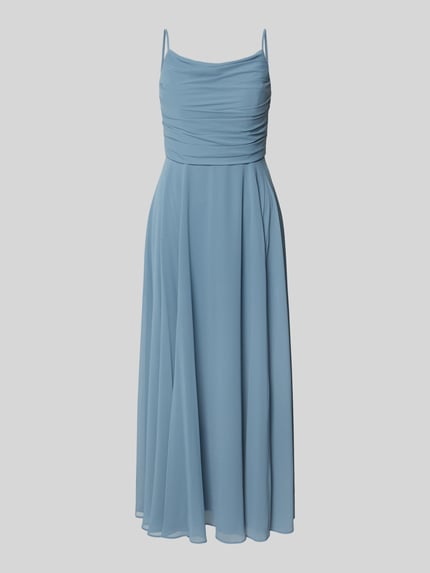 Produktfoto, Cocktailkleid mit Drapierungen und Spaghettiträgern van Jake*s Cocktail, lichtblauw chiffon, getailleerd model, midi-jurk, drapering, ruglengte maat 36: 107 cm, borstwijdte maat 36: 40 cm.