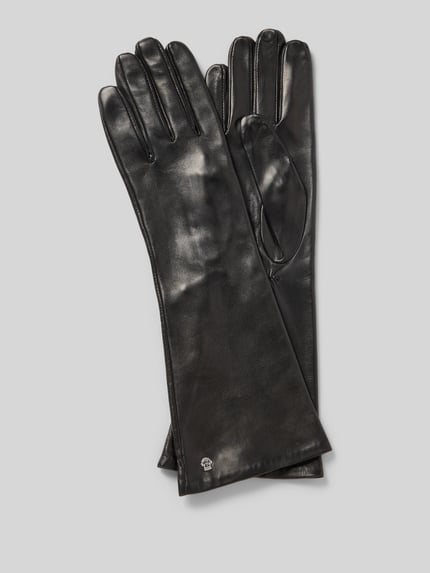 Produktfoto, schwarze, enganliegende Damen Lederhandschuhe mit Label-Detail Modell 'Venedig' von Roeckl, glatte Oberfläche