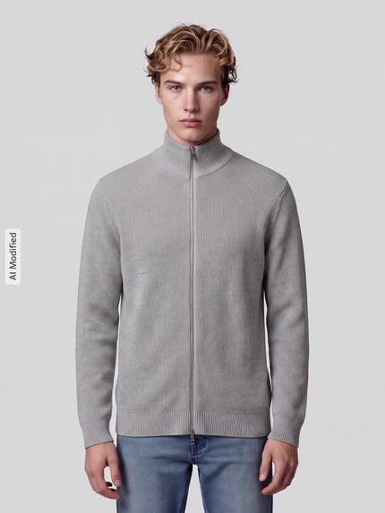 Männermodel trägt regular fit gebreid jack uit pure katoen model 'DANE' van Selected, Heren, lichtgrijs, gestructureerde stof, Ganzkörperansicht van voren, KI-modifiziertes Bild.