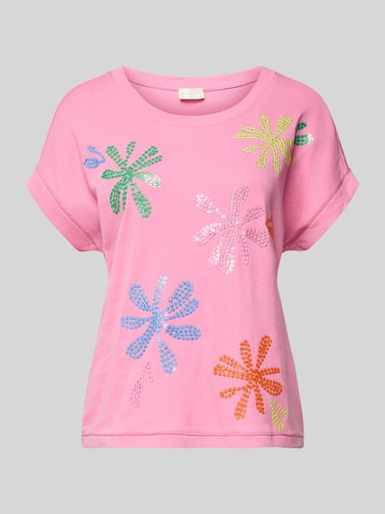 Produktfoto, T-Shirt aus Baumwoll-Leinen-Mix mit Stitchings von Milano Italy in Rosa, bunte Blumenmuster, Regular Fit, Rundhalsausschnitt