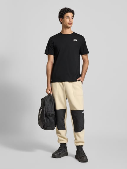 Männermodel trägt Regular Fit T-Shirt aus Baumwoll-Mix Modell 'EVOLUTION' von The North Face in Schwarz, Rundhalsausschnitt, Label-Detail, Rückenlänge 70 cm, Ganzkörperansicht von vorne.