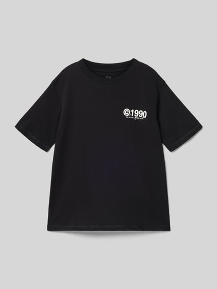 Produktfoto, czarny Dziecięcy t-shirt z bawełny od JACK & JONES, prosty krój, okrągły dekolt, z krótkim rękawem, długość tyłu w rozmiarze 140: 55 cm