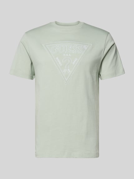 Produktfoto, T-shirt met logo en ronde hals van guess, heren t-shirt van puur katoen, regular fit, ruglengte maat m 70 cm, lichtgroen, zachte textuur